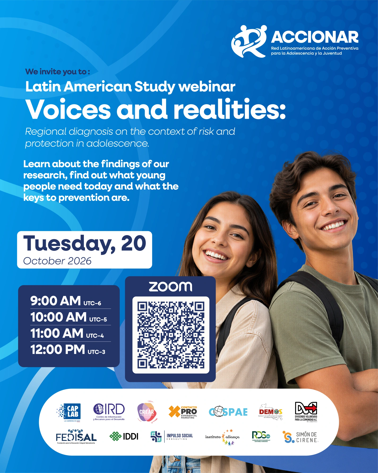 Invitación al webinar Voces y realidades en English, el 20 de octubre de 2026, con horarios y código QR de Zoom.