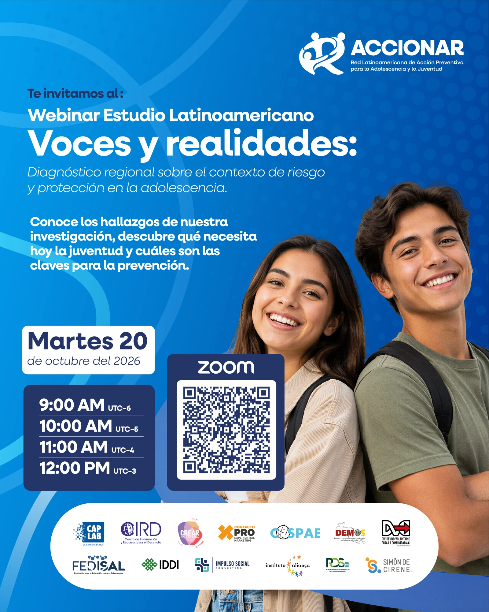Invitación al webinar Voces y realidades en Español, el 20 de octubre de 2026, con horarios y código QR de Zoom.