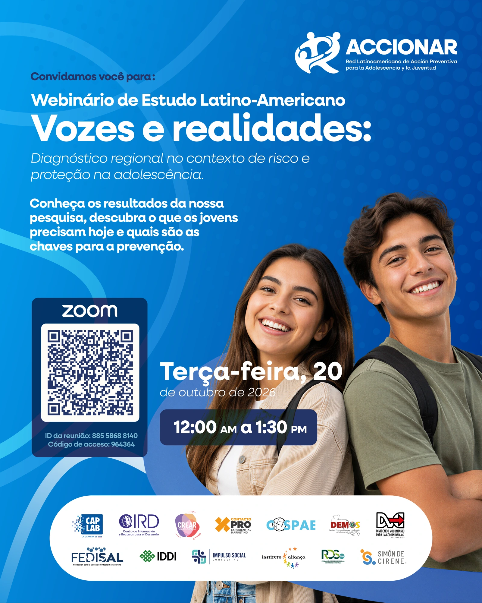 Invitación al webinar Voces y realidades en Português, el 20 de octubre de 2026, con horarios y código QR de Zoom.