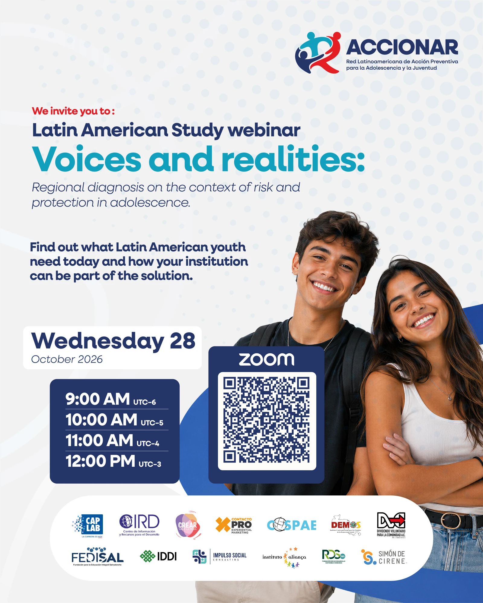 Invitación al webinar Voces y realidades en English, el 28 de octubre de 2026, con horarios y código QR de Zoom.