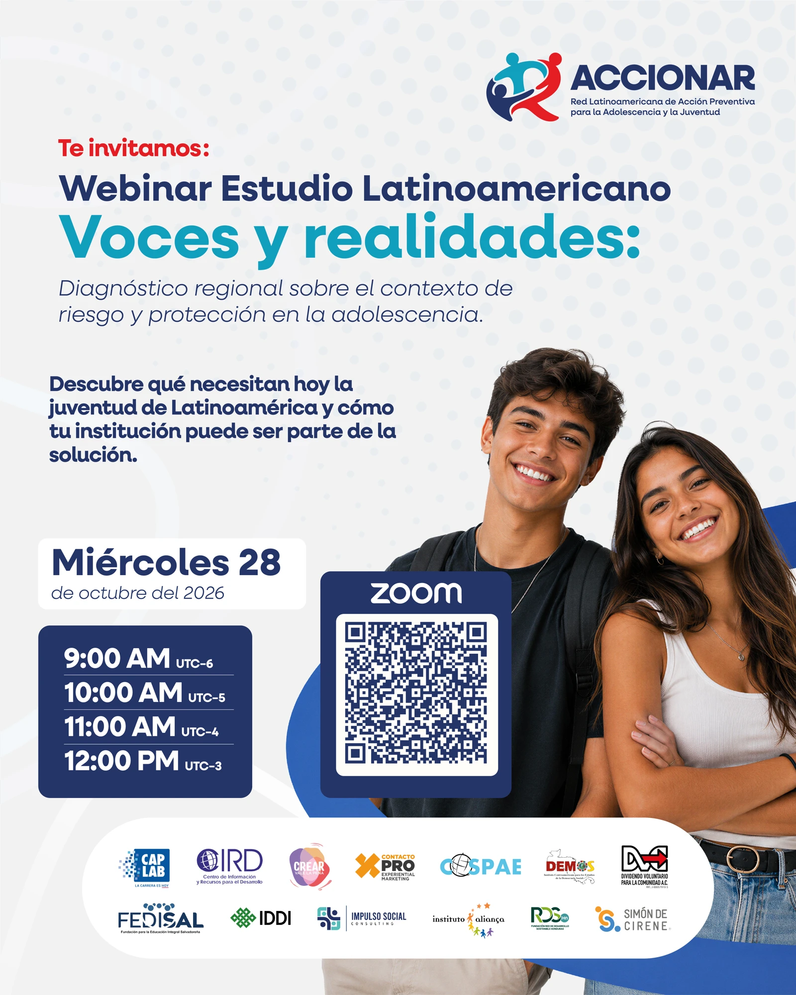Invitación al webinar Voces y realidades en Español, el 28 de octubre de 2026, con horarios y código QR de Zoom.