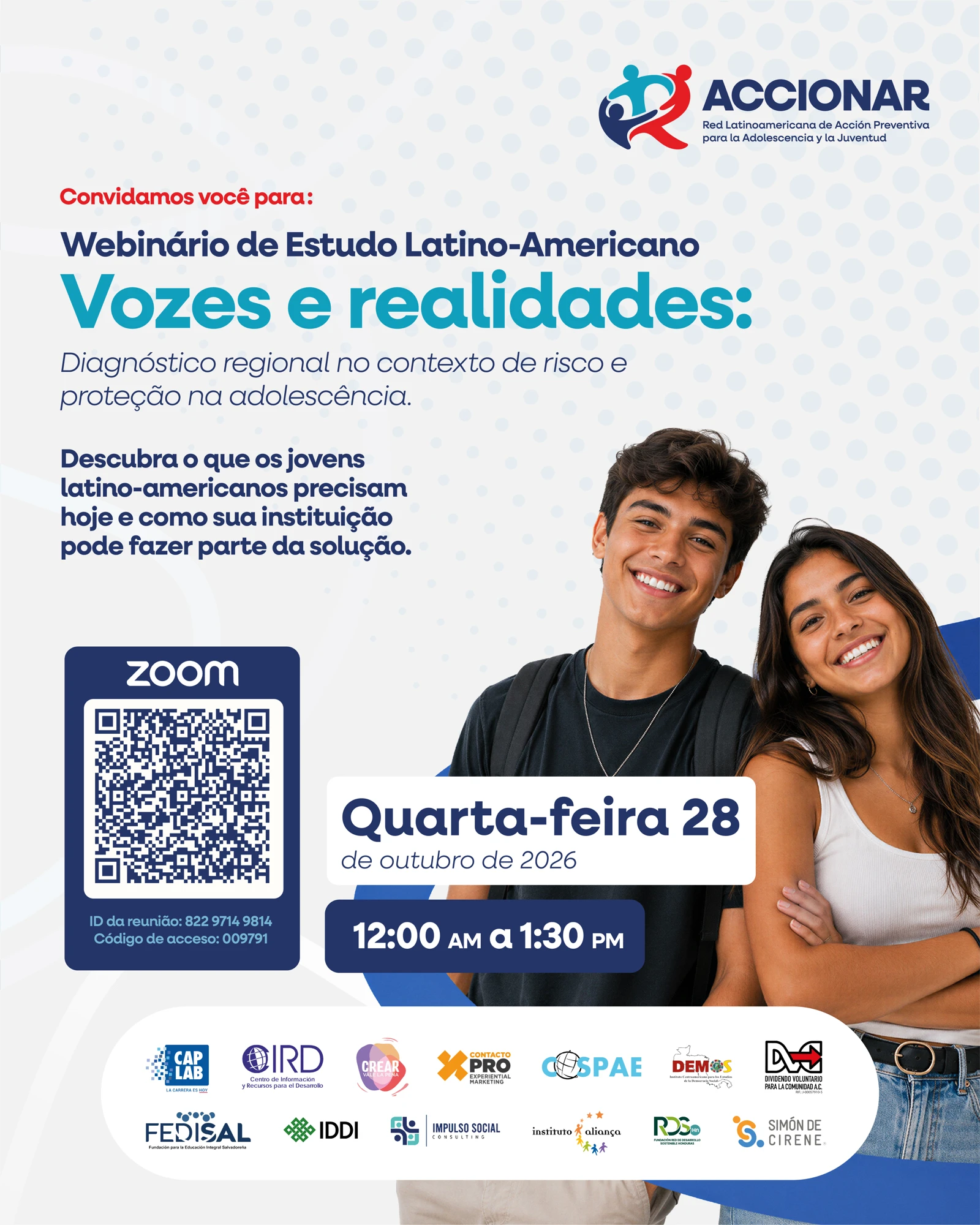 Invitación al webinar Voces y realidades en Português, el 28 de octubre de 2026, con horarios y código QR de Zoom.